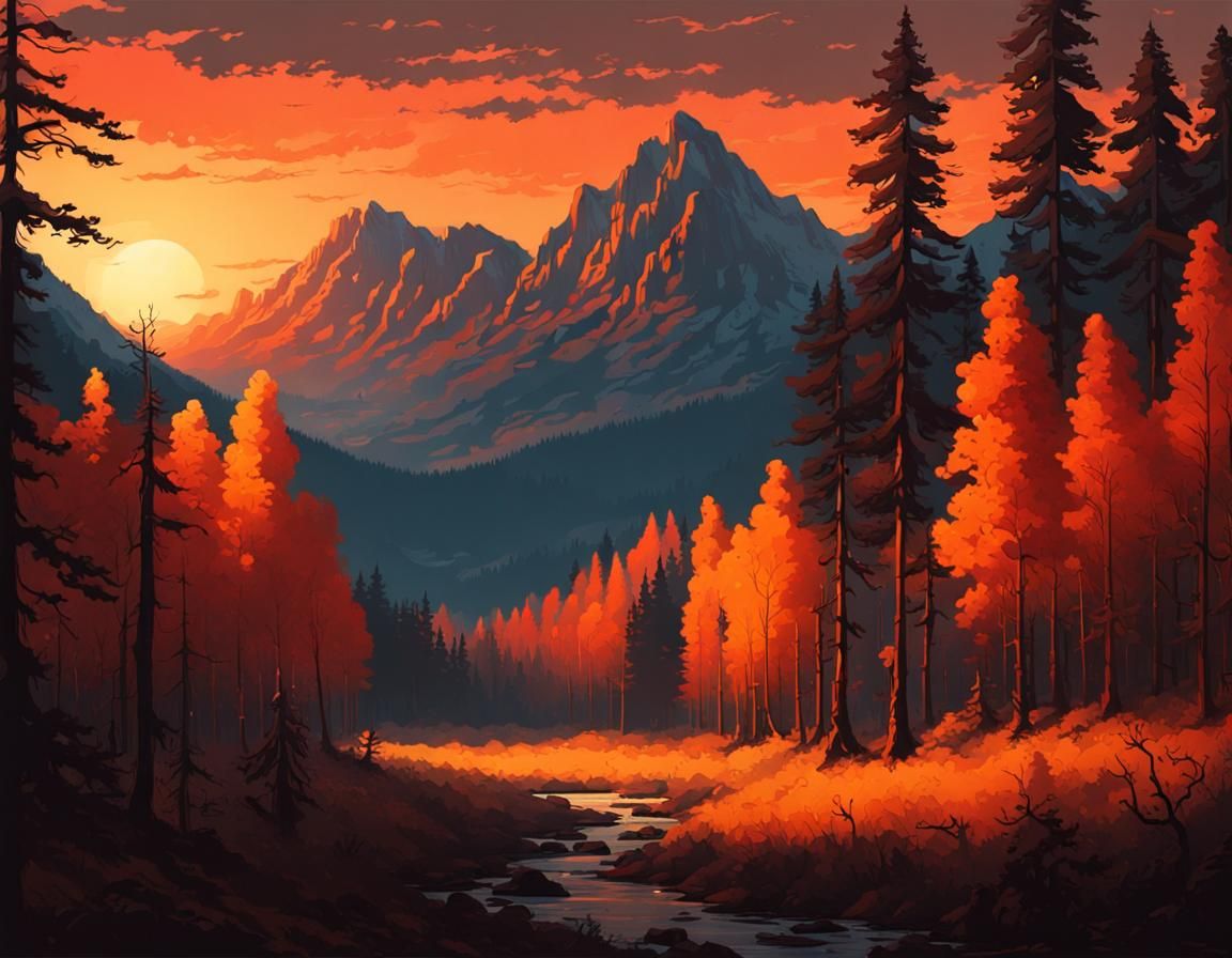 Orange Sunset Forest Matte Painting