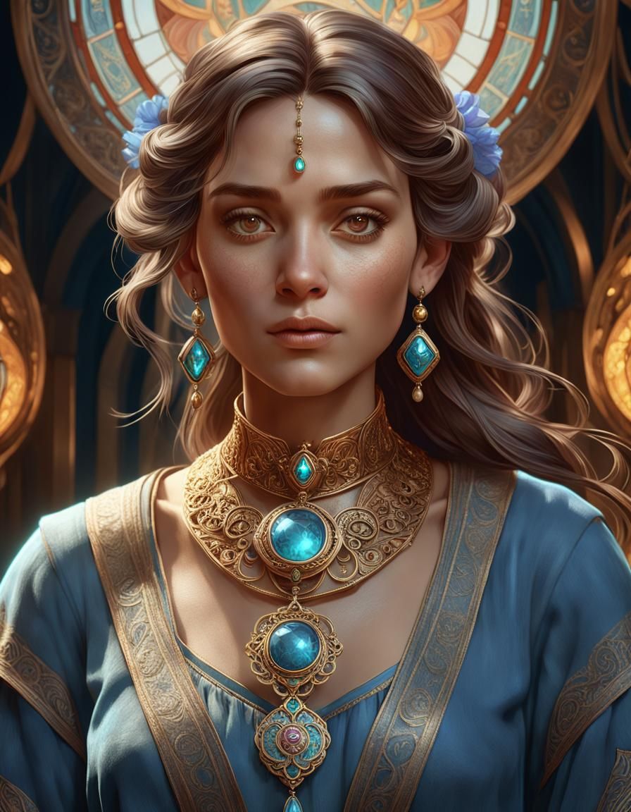Charming Woman Portrait with Amulet in Romantic Style