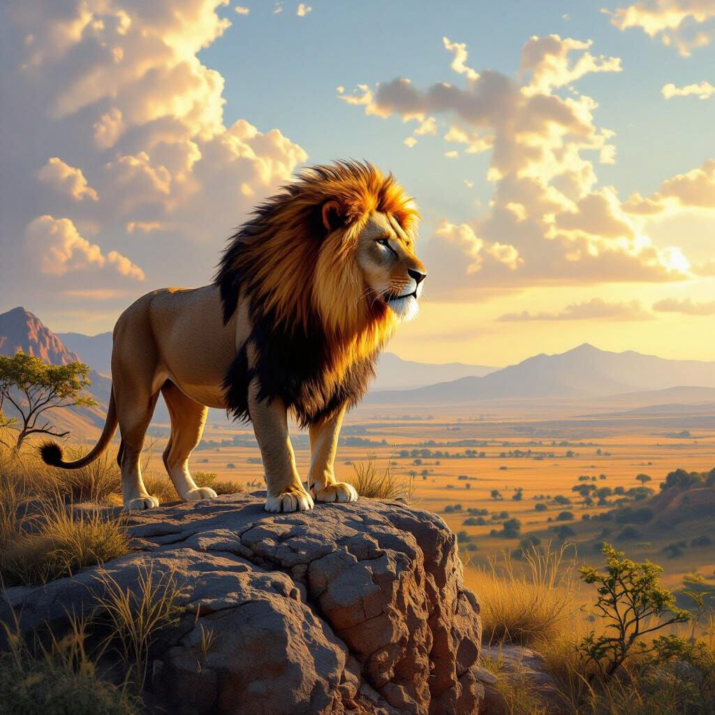 Majestic Lion with Fiery Mane on Savanna Cliff