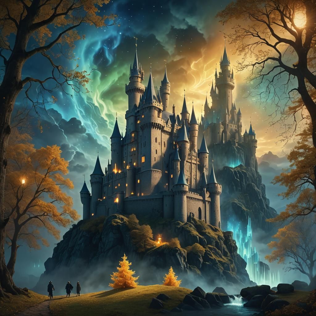 London Castle Surrounded by Elemental Spirits in Digital Art