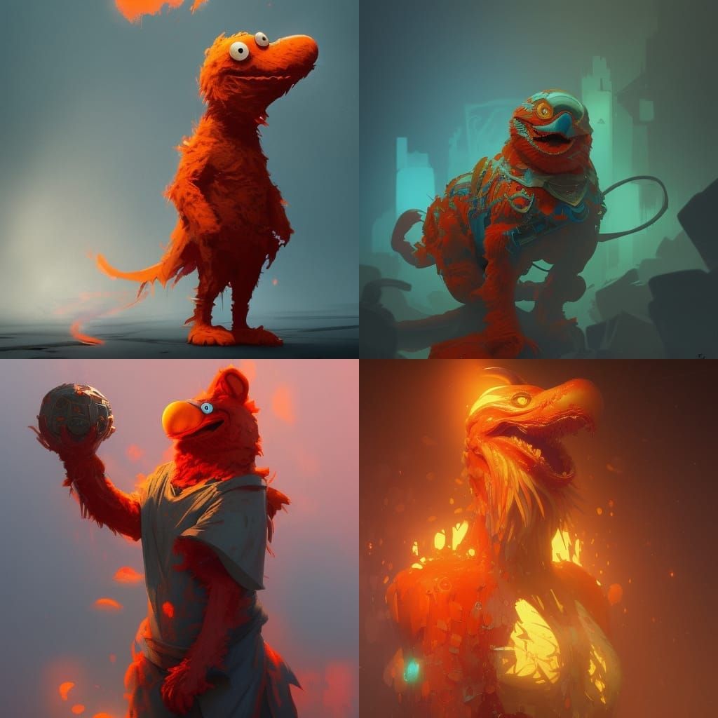 Menacing Elmo Concept Art in Orange and Teal