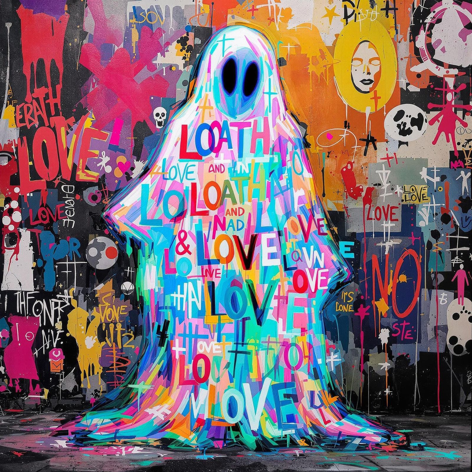 Ethereal Figure Embracing Emotional Turmoil in Vibrant Abstr...