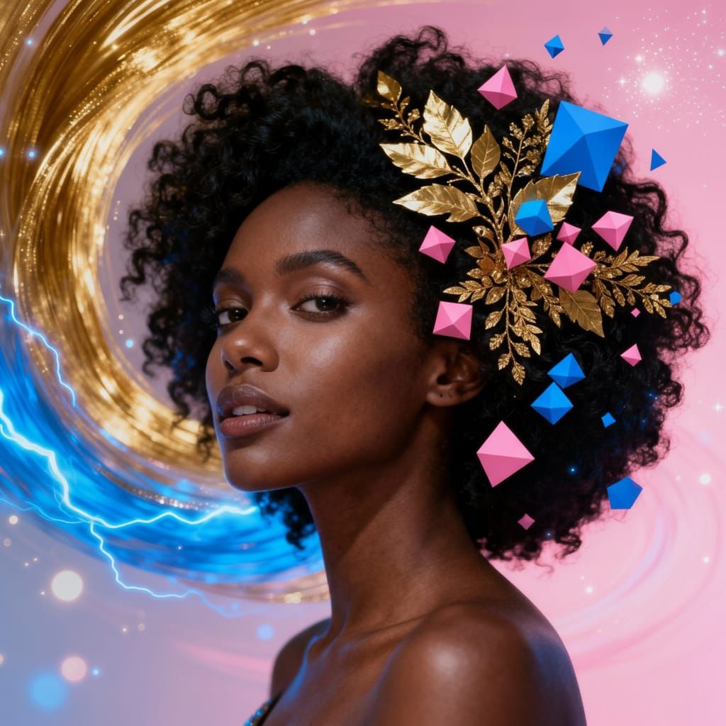 Woman Adorned with Golden Leaves and Abstract Shapes