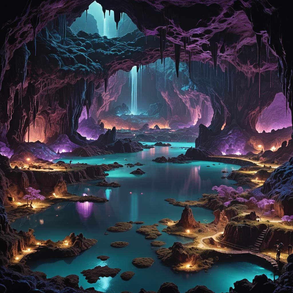 Subterranean Bioluminescent City in Film Noir Style