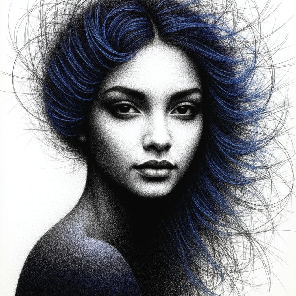 Abstract Black and White Portrait with Swirling Hair and Blu...