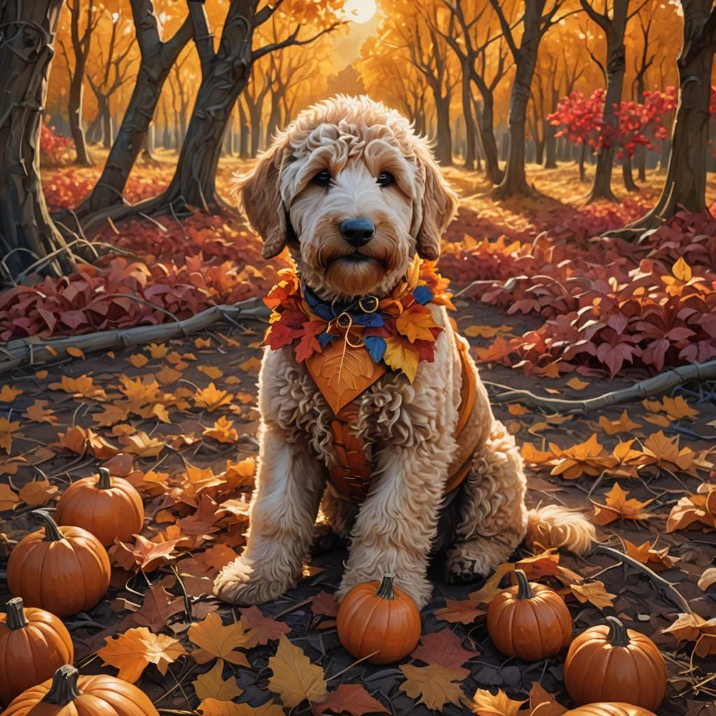 Golden Doodle Puppy in Autumnal Fantasy Landscape