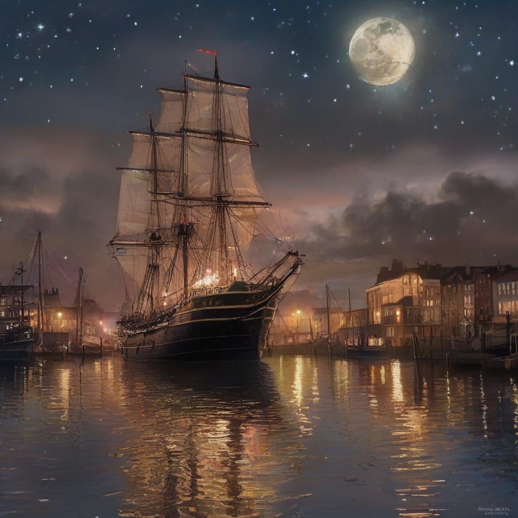 Moonlit Harbor with Tall Ships and Glowing City