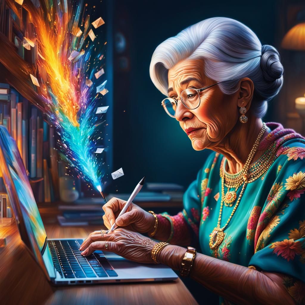 Emailing Girl and Grandma Getting Mail, Hyperrealistic