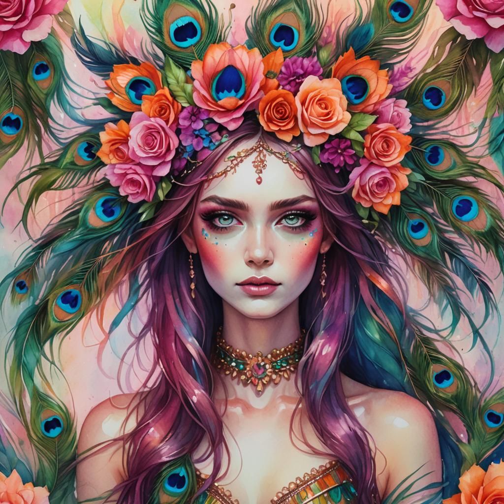 Rainbow Woman with Peacock Feathers in Watercolor Style