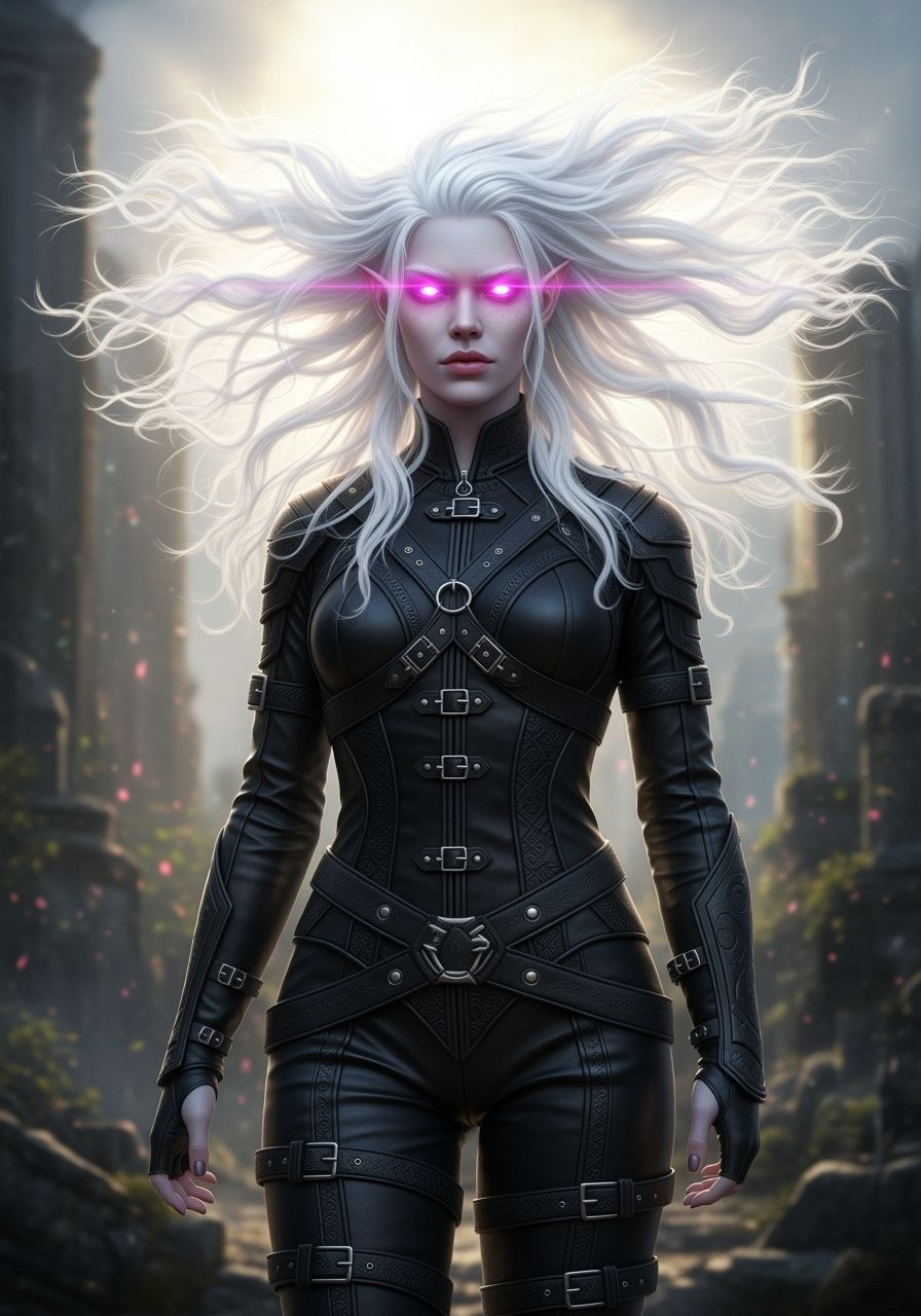 Albino Elf in Leather Armor, Epic Fantasy Scene