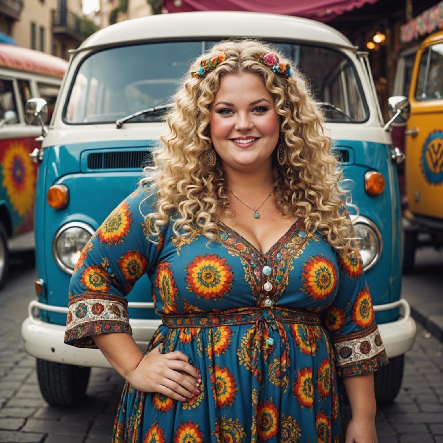 Curvy Blonde Hippie with Volkswagen Bus