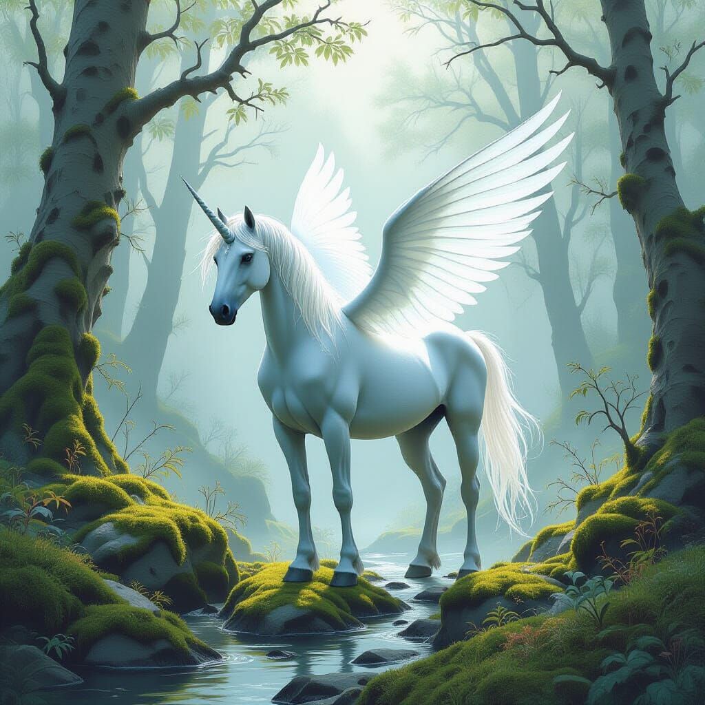 Ghostly Unicorn in Misty Oak Forest, Watercolor Style