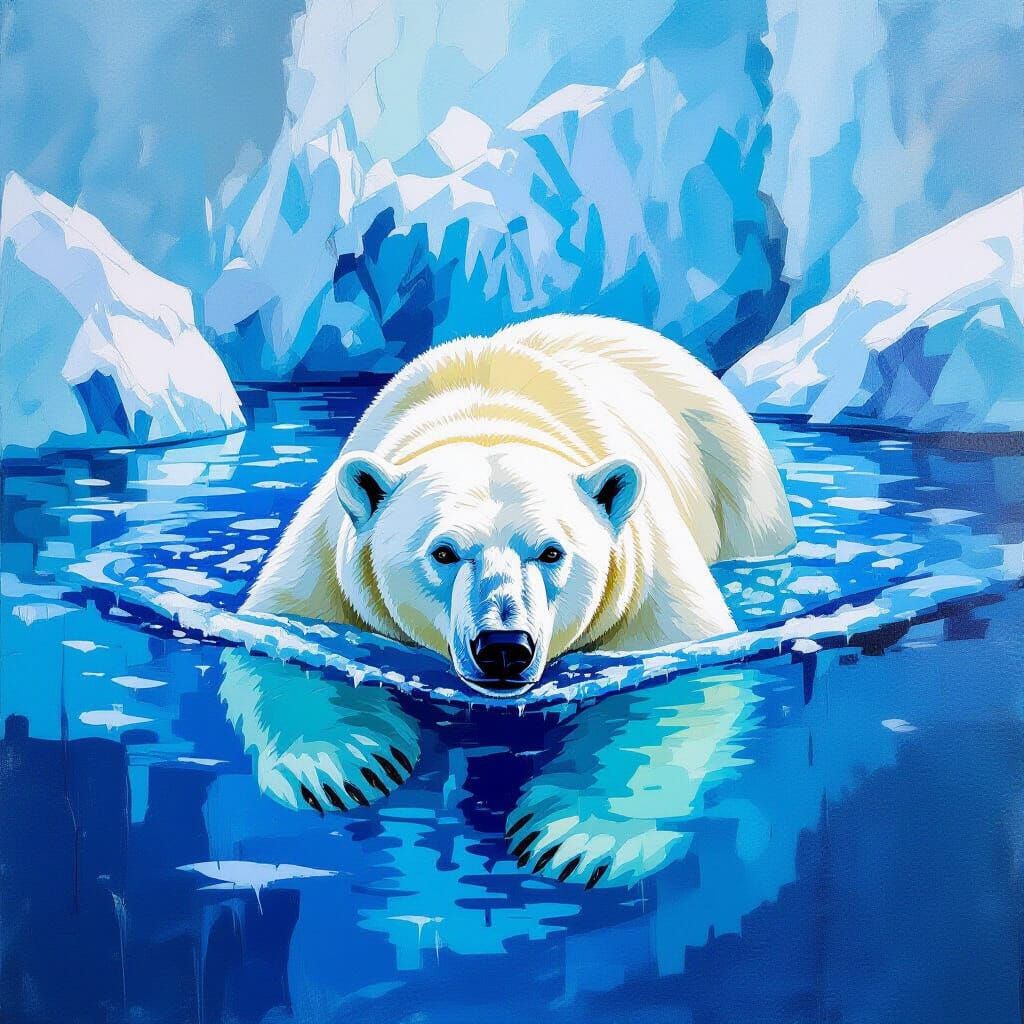 Polar Bear Swimming in Arctic Sea, Gouache Style