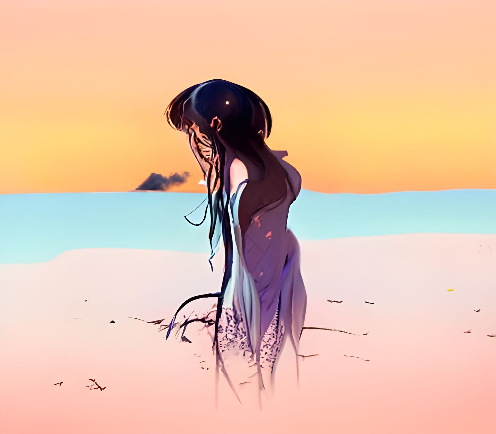 Sunset Beach Ink Painting of Japanese Woman