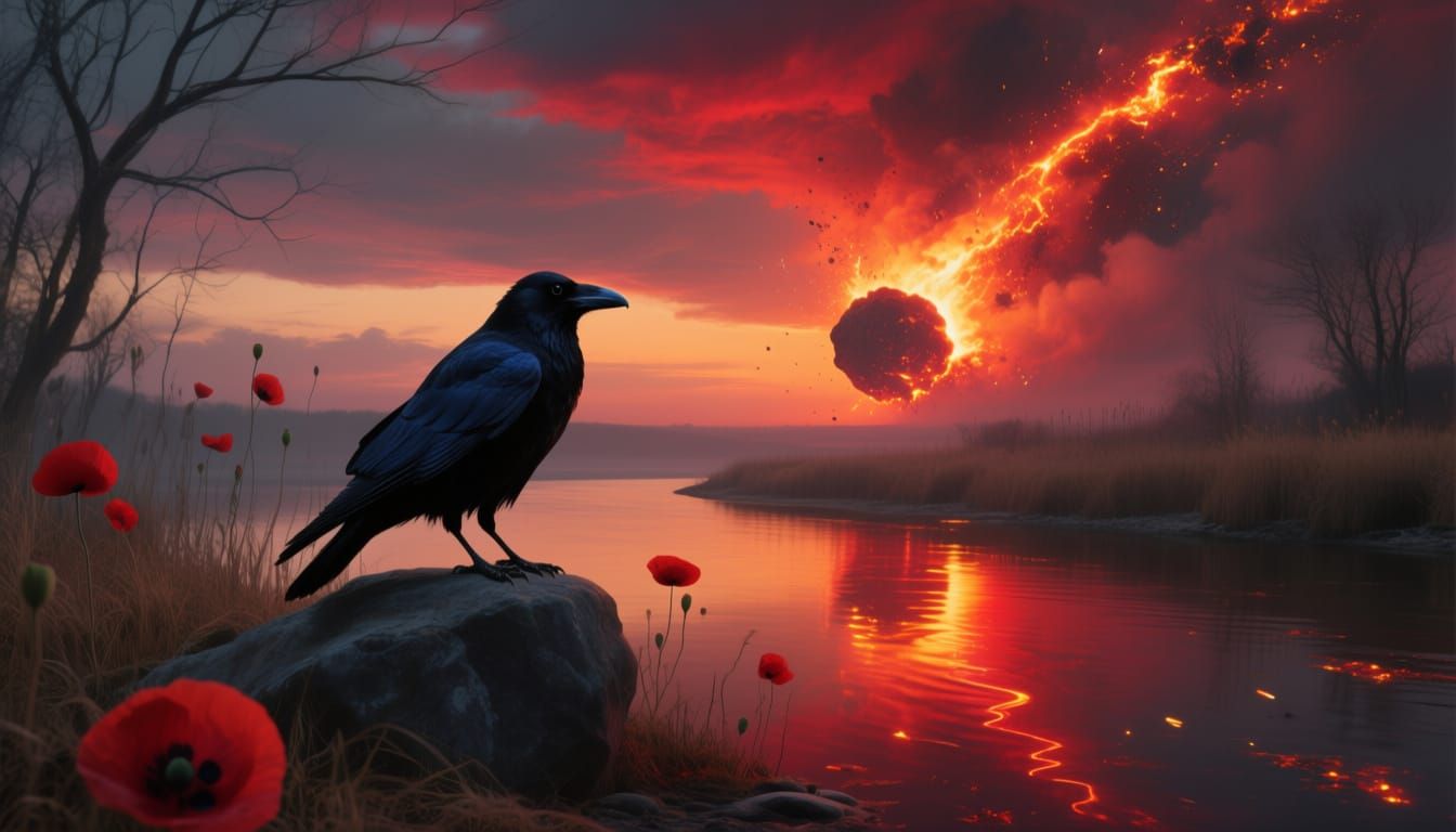 Ethereal Crow Perched as Meteor Lights Dusk Sky
