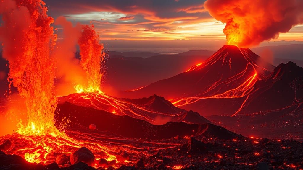 Surreal Volcanic Landscape with Fiery Light Beams
