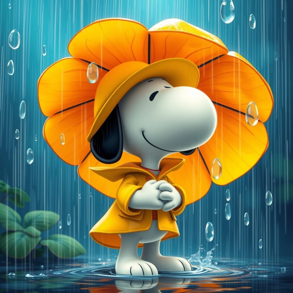 Snoopy Sheltered from Rain with Flower Umbrella
