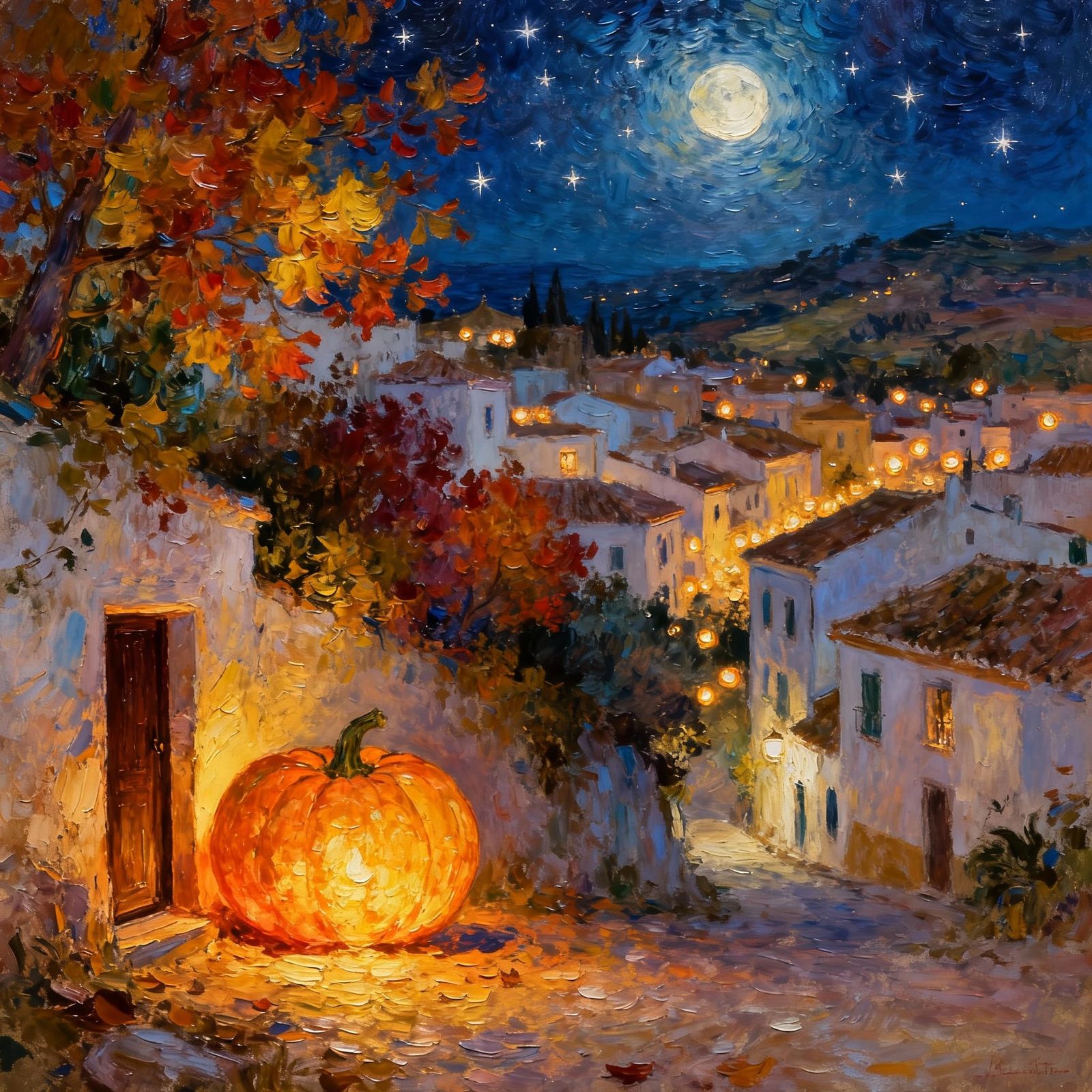 Autumn Night in Andalusian Village with Pumpkin Moon