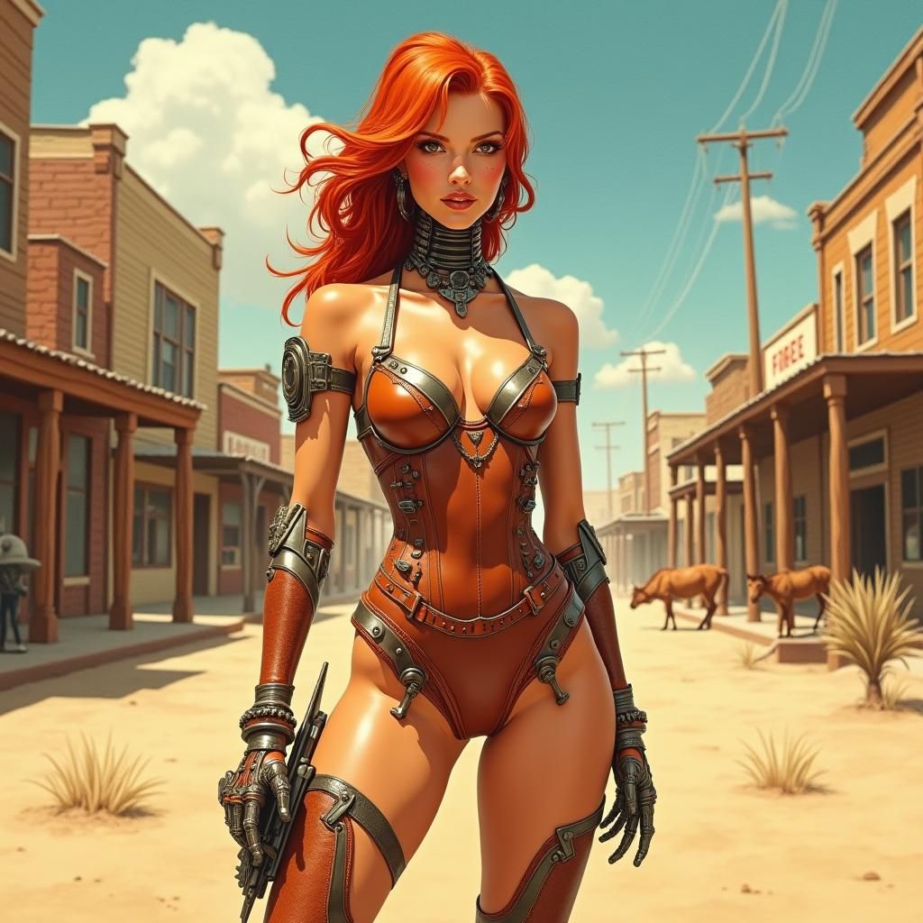 Victorian Robot Woman in Wild West Town