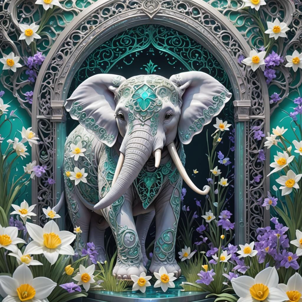 Opalescent Filigree Elephant and Daffodils in Anime Style