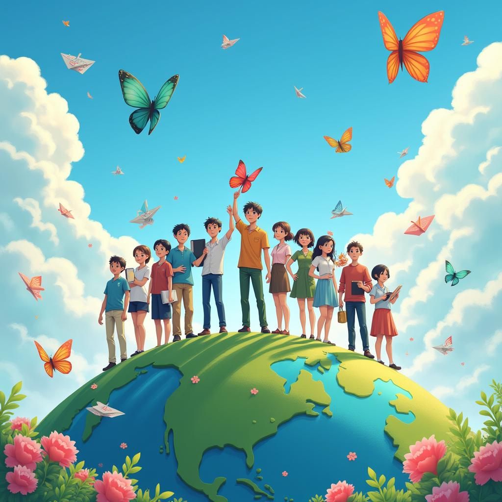 Diverse Students Aspire on Globe: Anime Art