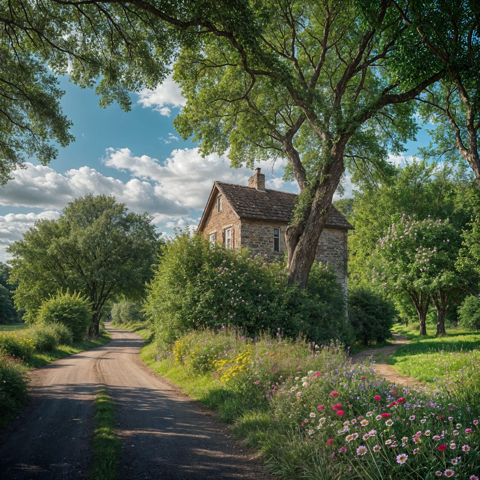 Hyperrealistic Rural Road with Flowers and Trees