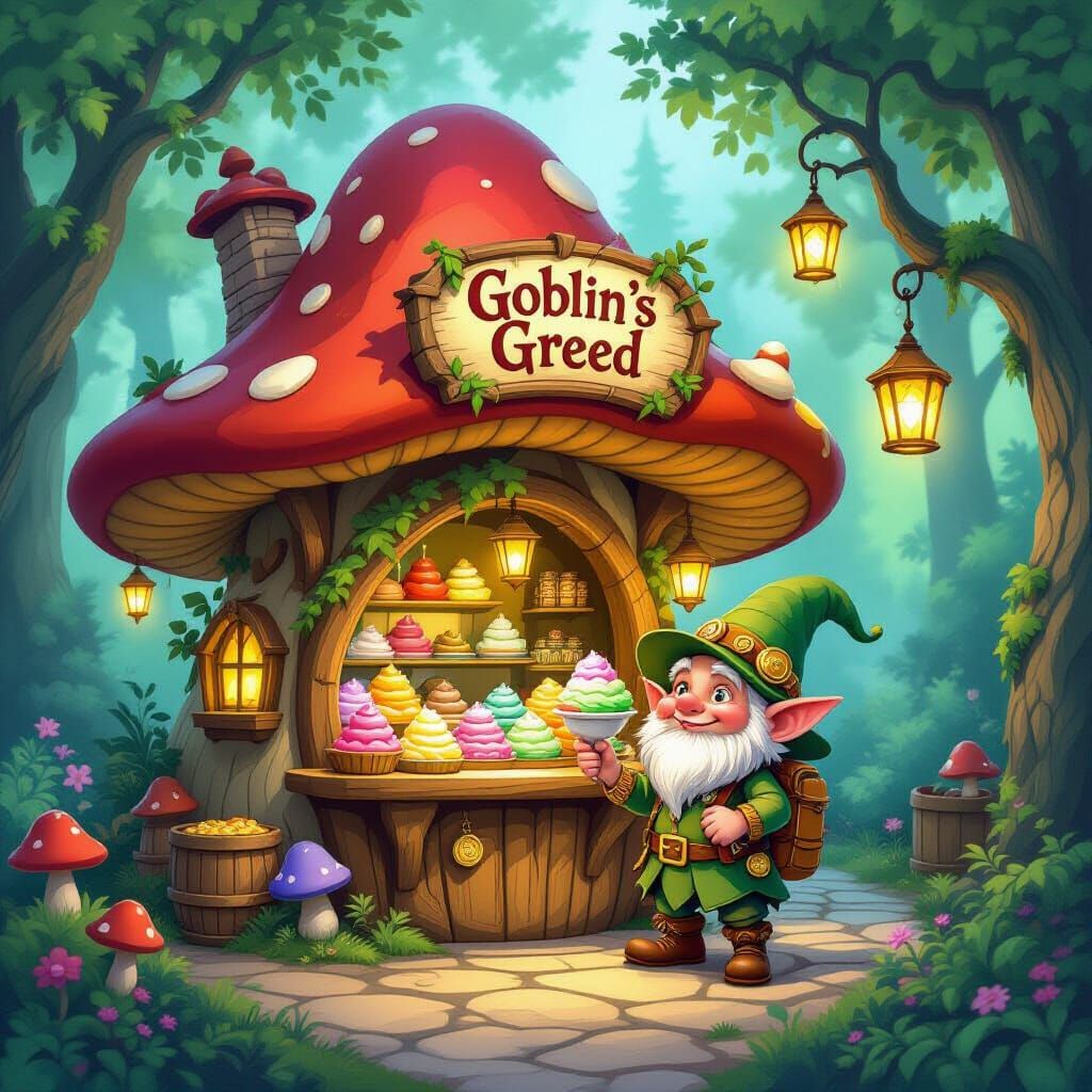 Whimsical Goblin Gelato Shop in Fantasy Forest