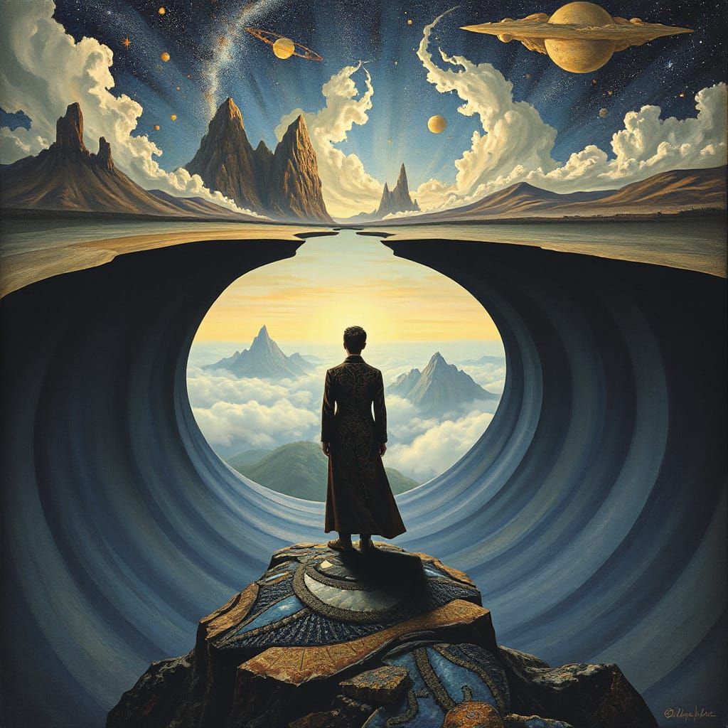Infinity's Edge: Cubist Figure Contemplates the Cosmos