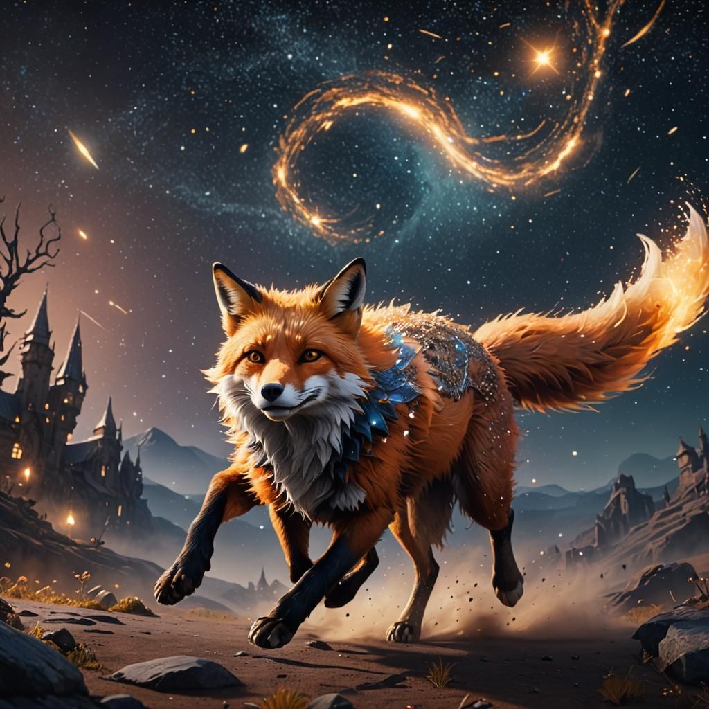 Mythical Fox Running Across Starry Sky