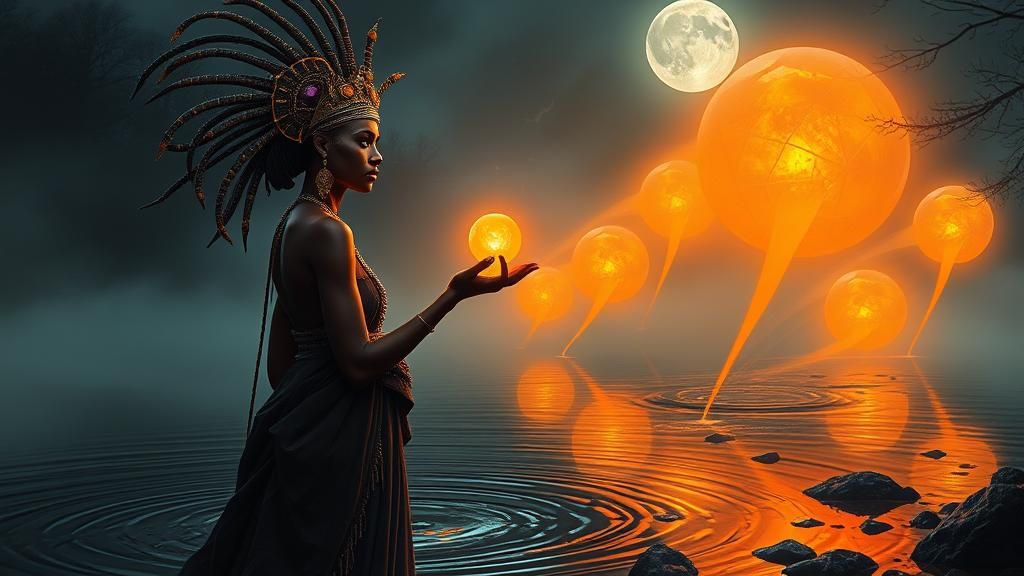 Mystical Woman Casting Potion in Surreal Landscape