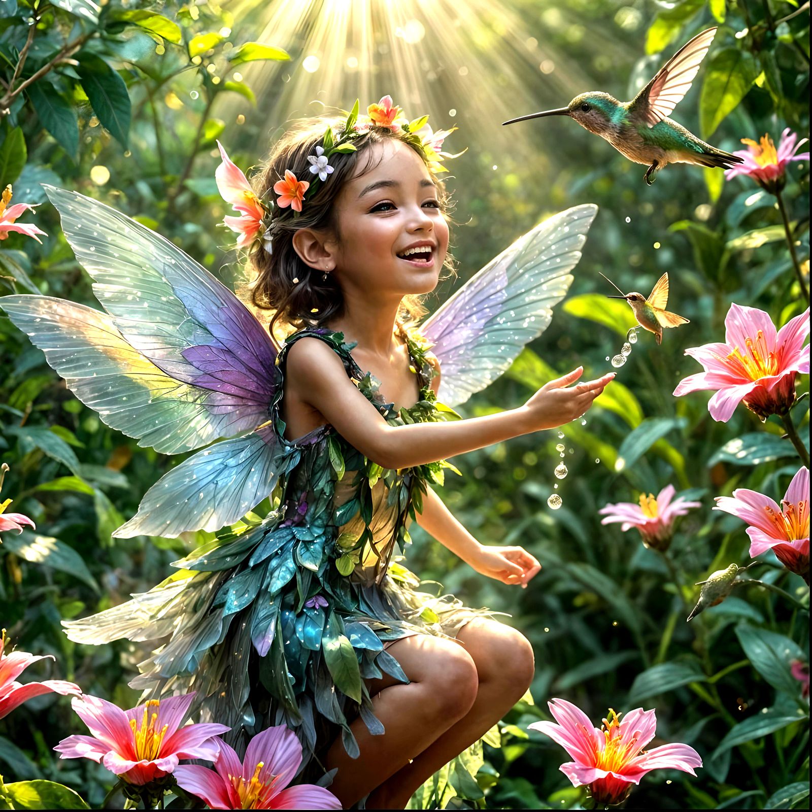 Fairy on Hummingbird in Iridescent Light