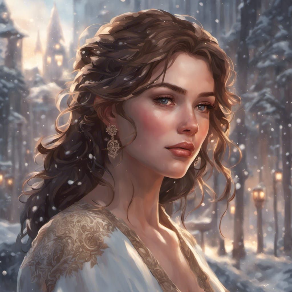 Brown-Haired Girl in Winter Dress, Detailed Portrait