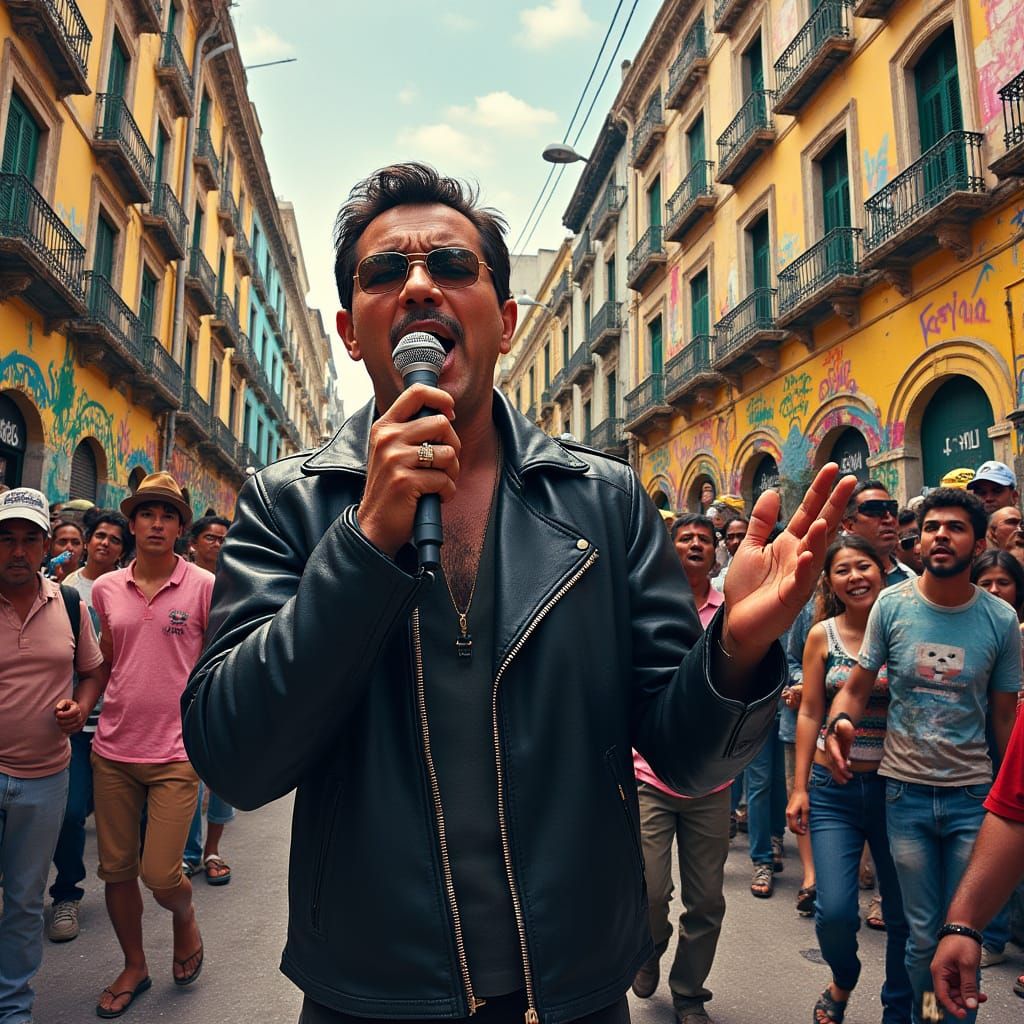 Protest Singer in Graffiti Street, Basquiat-Inspired Style