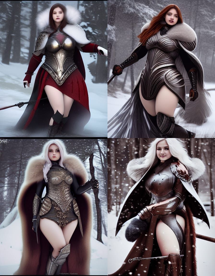 Armored Woman in Snowy Fantasy Landscape