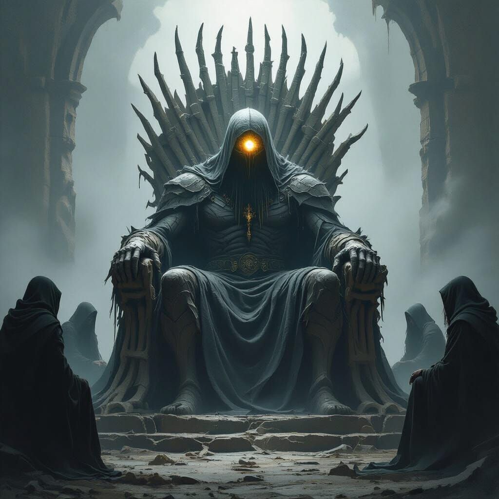 Giant on Bone Throne with Druids: Dark Celtic Fantasy Art