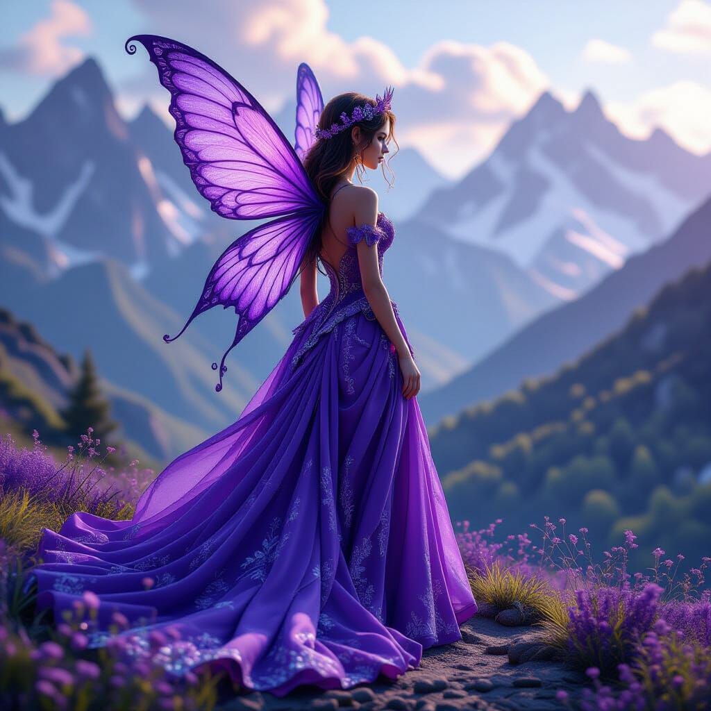 Detailed Fairy in Purple Mountain Landscape, Fantasy Matte P...