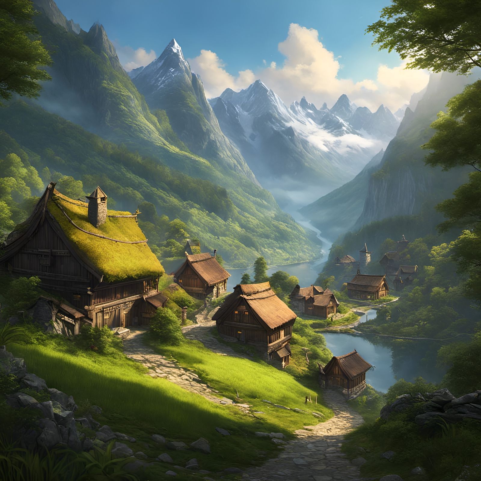 Mountain Village in Fantasy Landscape Painting