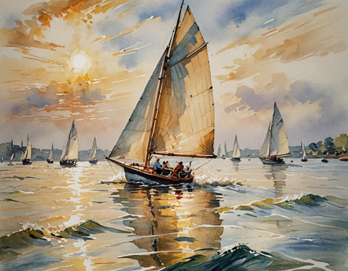Impressionist Skiff Races in Golden Sunlight