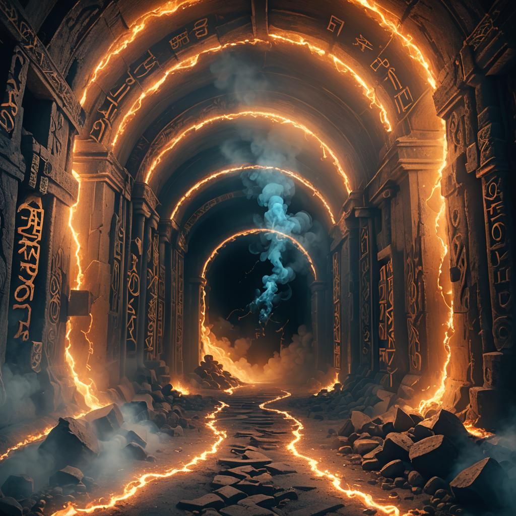 Mystical Runes in a Smoke-Filled Tunnel