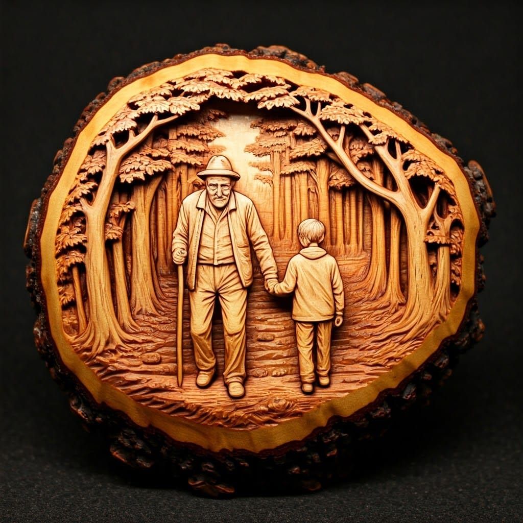 Detailed Wood Carving of Grandfather and Grandson