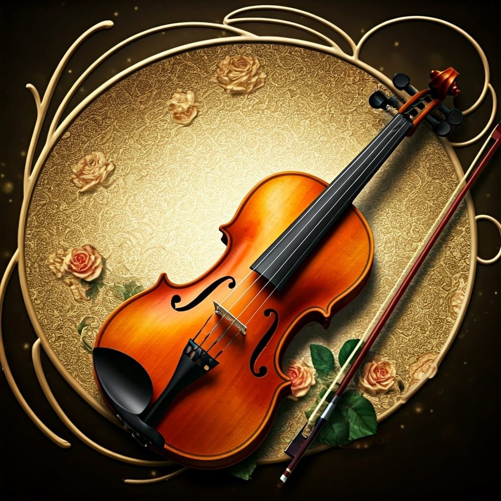 Elegant Violin with Rose Accents in Art Nouveau Style
