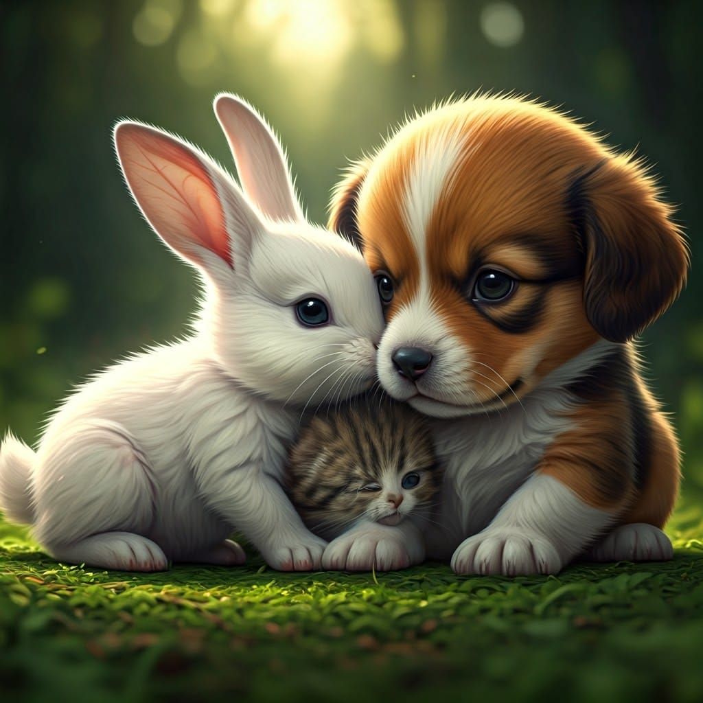 Adorable Trio in Anime Style Spring Meadow