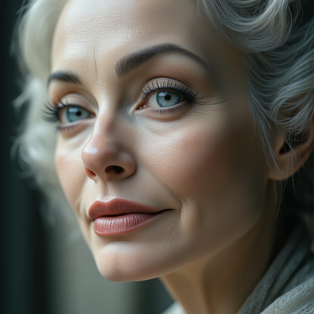 Elder Woman Portrait: Gentle Smile, Soft Grey Eyes