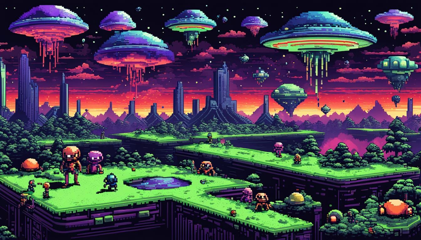 8-Bit Alien Invasion in Acid Ink Style
