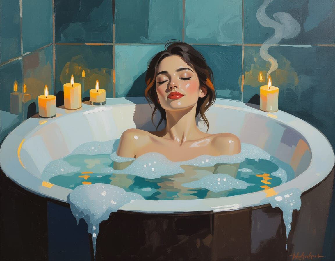 Serene Woman in Foam Bathtub, Impressionist Oil Painting
