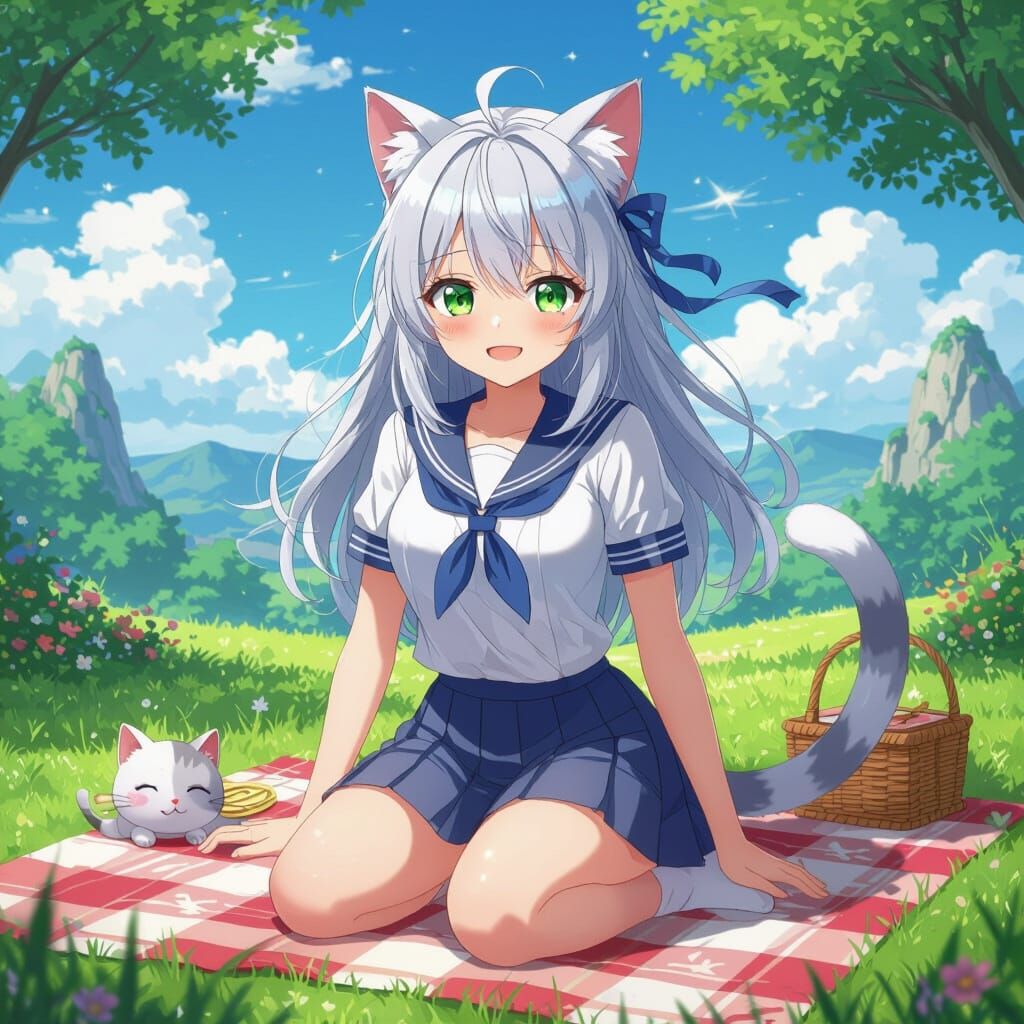 Anime Cat Girl on Picnic Blanket in Fantasy Landscape