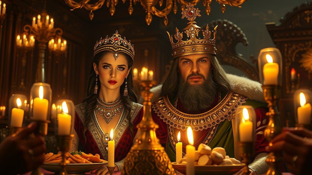 Regal Woman in Candlelit Chamber with King, Doves' Eyes, Jew...