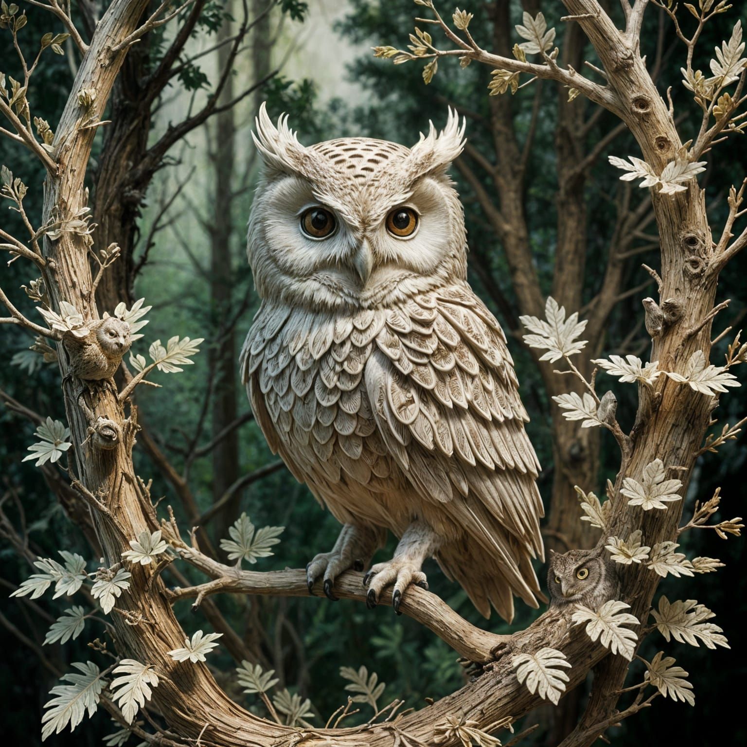 Majestic Owl in Whimsical Forest Setting, a Masterpiece of F...