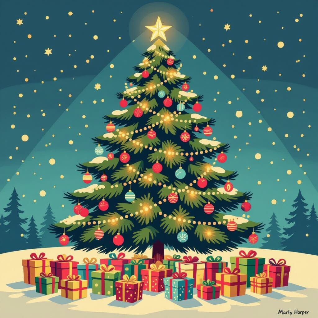 Cozy Christmas Tree With Gifts in Whimsical Style