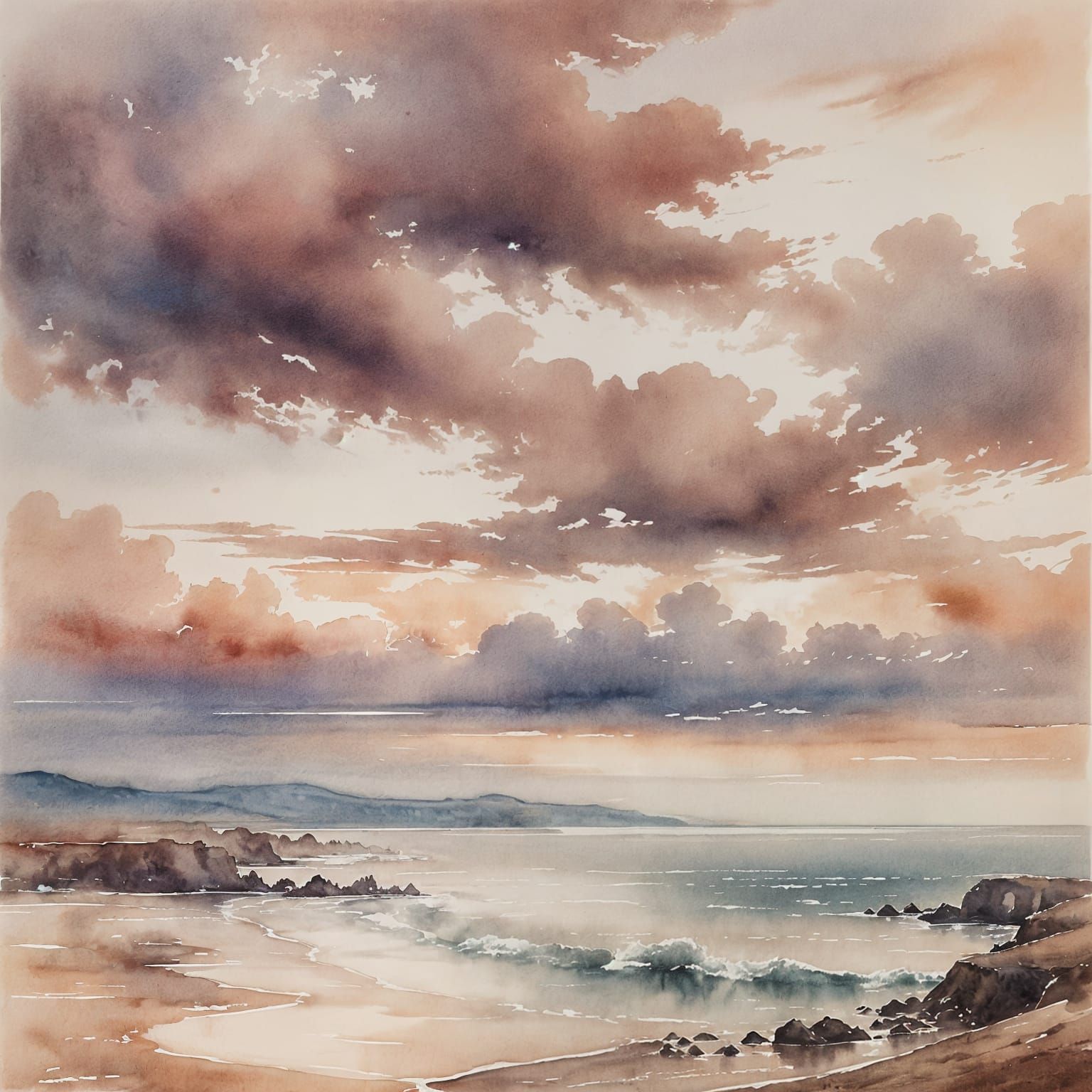 Watercolor Painting of Tranquil Sea and Vast Sky
